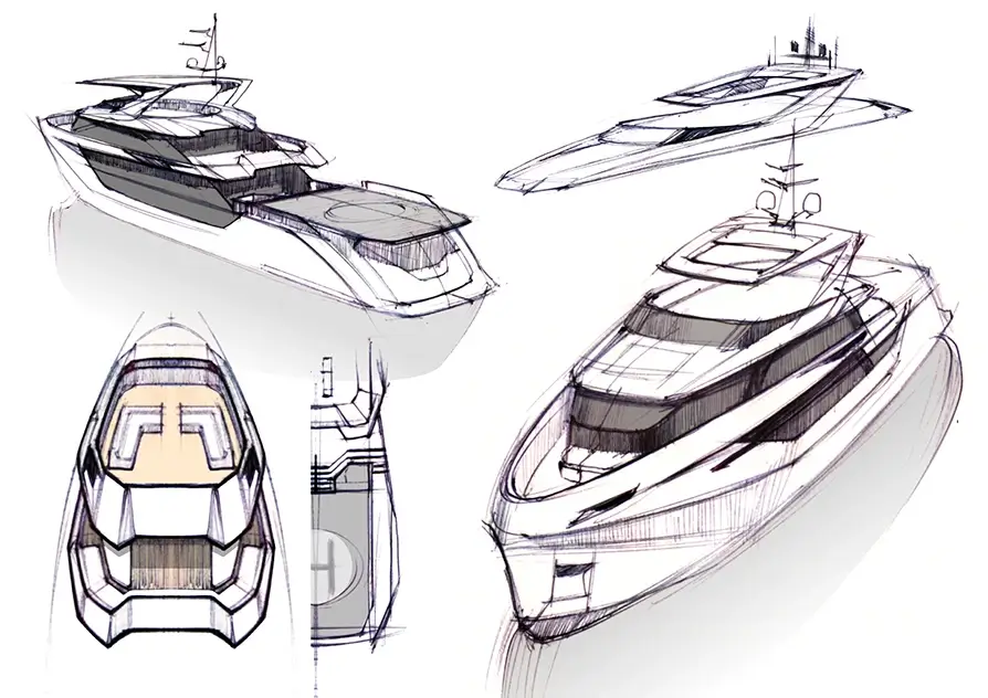 A designer sketching a yacht's hull on a tablet